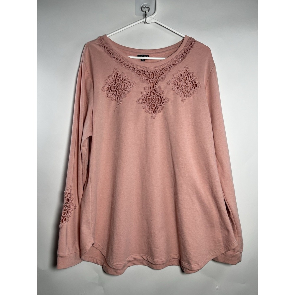 Hannah Women's XL Pink Battenburg Lace Detail Sweater Comfort Boho Lightweight